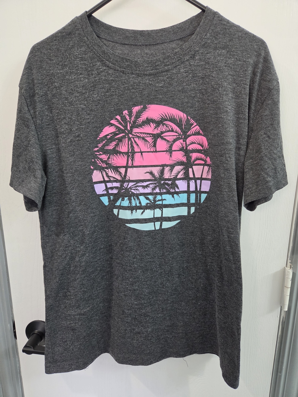 Women's Charcoal Graphic Tee with Pink & Blue Palm Print